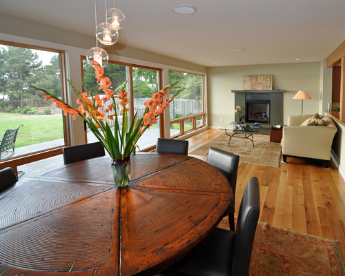 The dining room joins with the living room