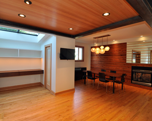 The project included that enormous bathroom space, along with the existing dining room, which had been three white walls with a built-in wine cooler and cabinetry of questionable taste