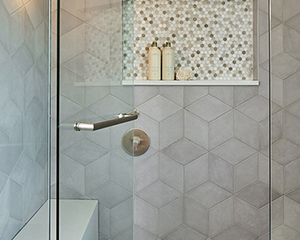 closeup of shower and tile niche