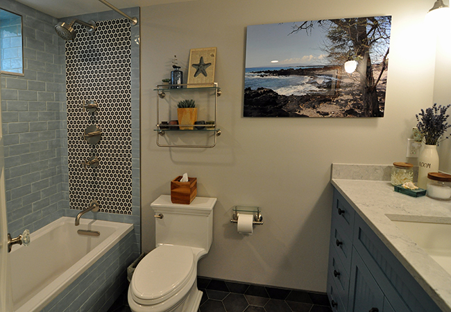 wide view of bathroom in basement