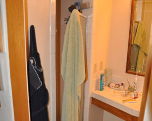 The master bath required the most extensive work, with all plaster, the entire shower and the existing window removed.  The tiny shower had tile on all sides, laid on a concrete and metal lath substrate several inches thick which proved a challenge to remove.  The built-in cabinet was removed, making room for a larger shower, rambler bath remodel