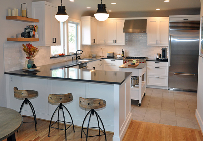 view of kitchen and counter seating in Seaview kitchen remodel